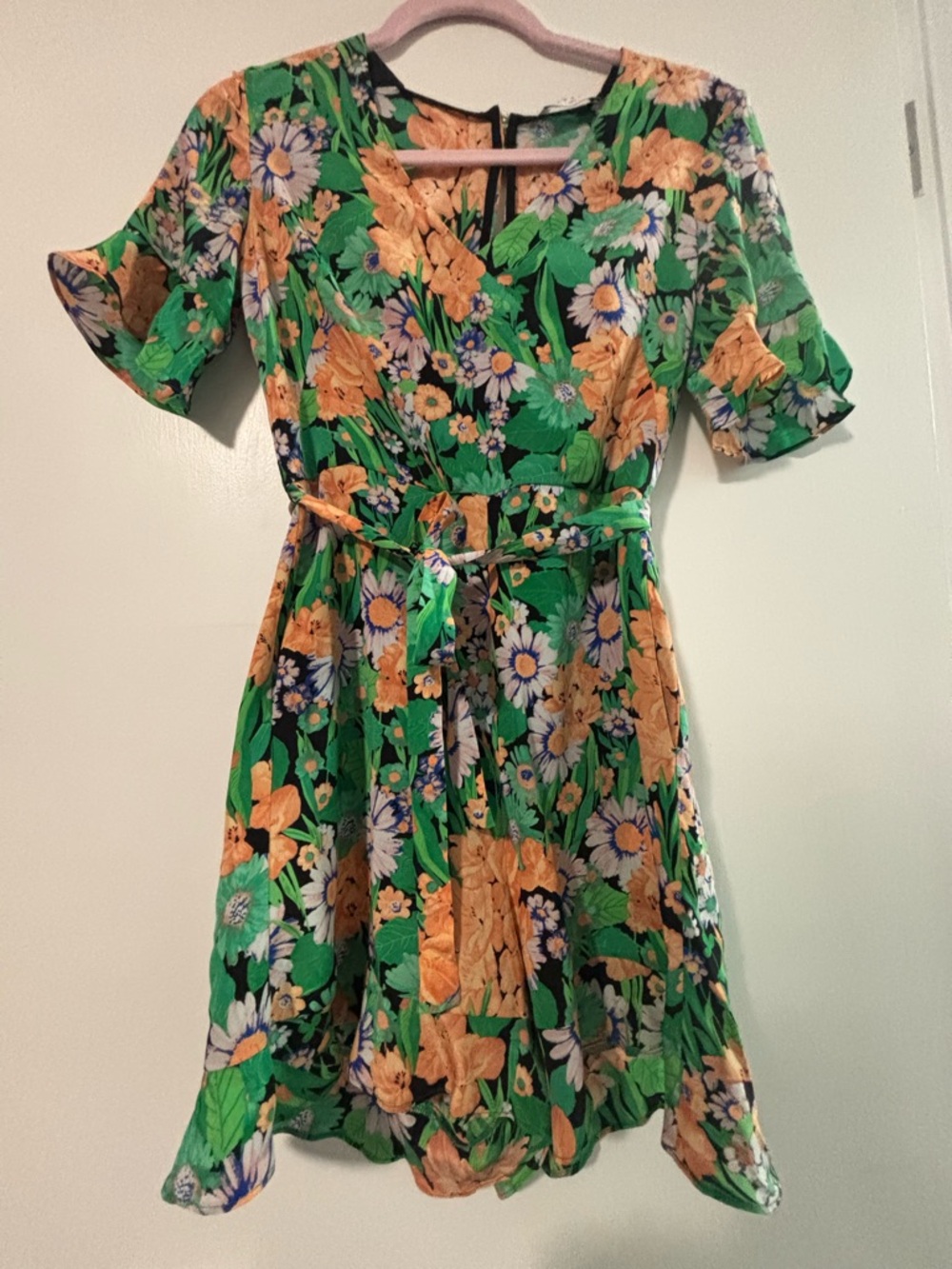 Sandro Green Floral Midi Silk Romper with Orange and White Blooms size 36 or 0